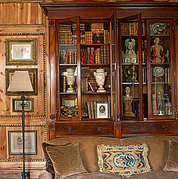 一个,尾端,客厅,红木,英国,书架,伦敦,古物,书本,雕塑