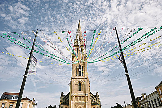 仰视,彩旗,巴黎圣母院,钟楼,阿基坦,法国