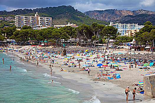 游客,沙,海滩,马略卡岛,巴利阿里群岛,西班牙,地中海,欧洲
