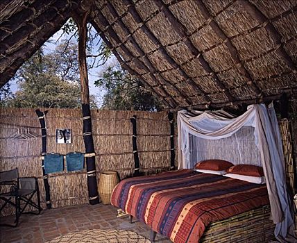 赞比亚,南卢安瓜国家公园,露营,卧室,木房子