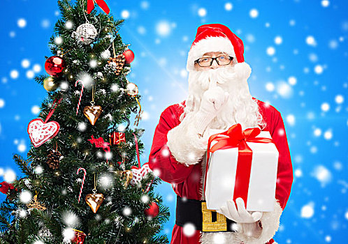 圣诞节,休假,人,概念,男人,服饰,圣诞老人,礼盒,树,制作,安静,手势,上方,蓝色,背景,雪
