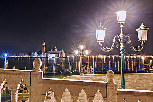 小船,码头,灯柱,圣乔治奥,马焦雷湖,教堂,威尼斯,威尼托,意大利