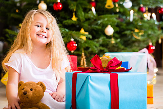 女孩,礼物,泰迪熊,圣诞节