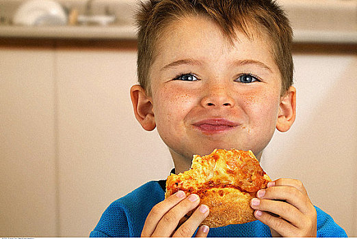 男孩,肖像,吃,比萨饼
