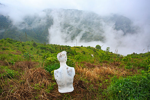 遗弃,人偶,石膏像,露天,户外,山,树木,雨,凝望