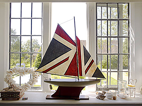 模型,船,英国国旗,帆,自豪,地点,窗台,童房