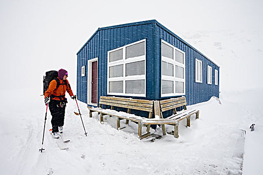 滑雪,离开,休憩之所,小屋,雾气,云,状况,山区木屋,艾伯塔省,加拿大