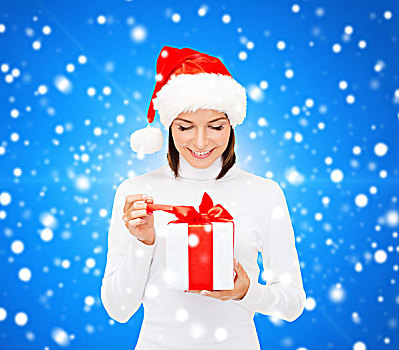 圣诞节,冬天,高兴,休假,人,概念,微笑,女人,圣诞老人,帽子,礼盒,上方,蓝色,雪,背景