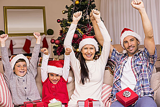 喜庆,家庭,圣诞帽,欢呼,沙发