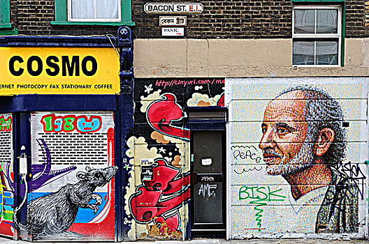 英格兰,伦敦,涂鸦,建筑,熏肉,街道,砖,道路,东端