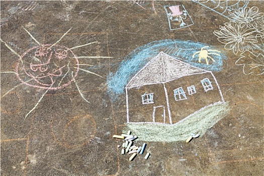 孩子,绘画,房子,太阳,涂绘,沥青