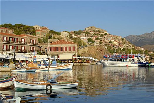 港口,渔船,历史,城镇中心,城堡,莱斯博斯岛,岛屿,爱琴海,希腊,欧洲