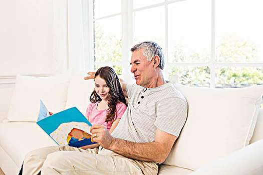 微笑,爷爷,孙女,读,书本,沙发