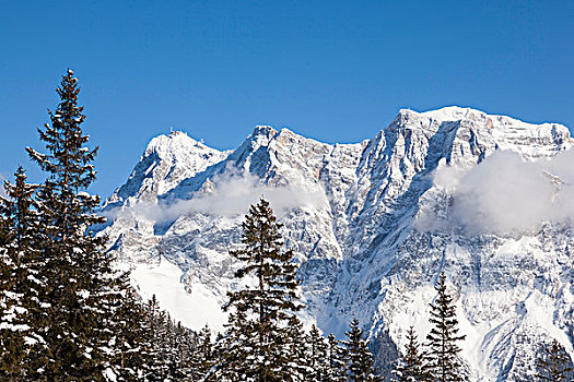 山脉,山,楚格峰,风景,西部,德国,背景,左边,埃尔瓦尔德,著名,旅游,冬天,奥地利,提洛尔