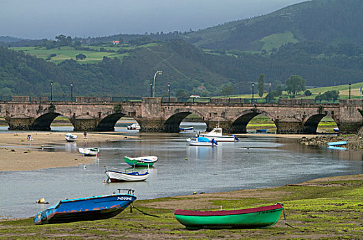 渔船,退潮,桥,坎塔布里亚,西班牙