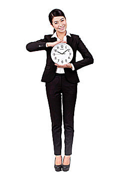 商务女士拿着时钟