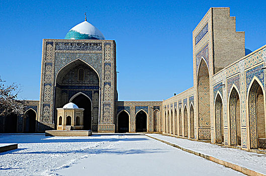 乌兹别克斯坦,布哈拉,穹顶,米哈拉布,清真寺,雪
