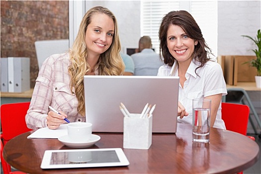 微笑,职业女性,协作,笔记本电脑