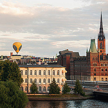 热气球,漂浮,高处,建筑,斯德哥尔摩,瑞典