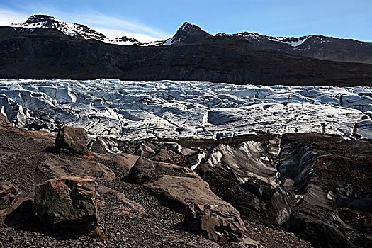 冰河,口鼻部,冰川冰,痕迹,火山灰,瓦特纳冰川国家公园,南方,冰岛,欧洲