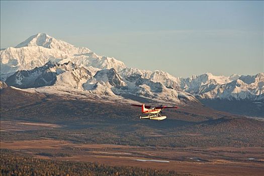 水上飞机,飞跃,阿拉斯加山脉,山,麦金利山,背景,阿拉斯加,秋天