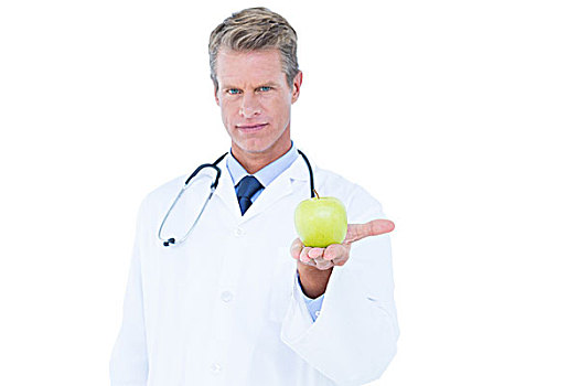 博士,拿着,青苹果,白色背景,背景