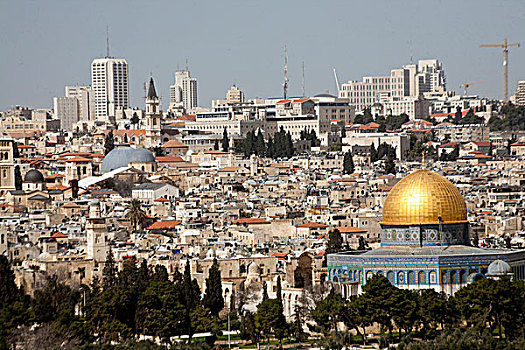 风景,古老,城墙,耶路撒冷,金色,圆顶清真寺,现代,城市天际线,高处