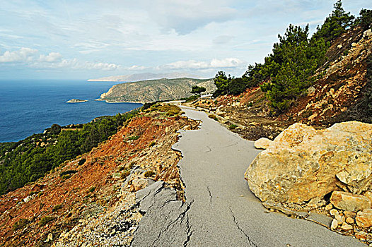 破损,道路,靠近,罗得斯,多德卡尼斯群岛,爱琴海,希腊,欧洲