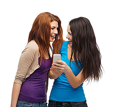 科技,友谊,人,概念,两个,微笑,青少年,智能手机