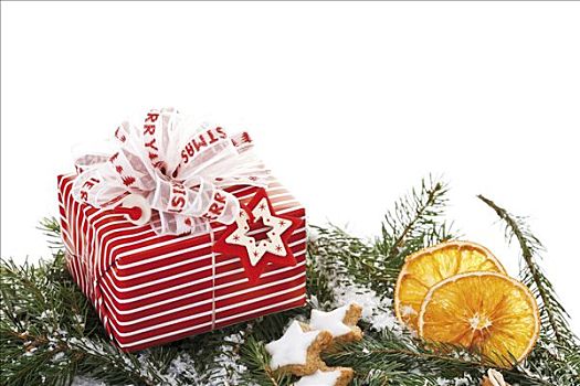 圣诞礼物,积雪,松树,枝条,干燥,橙色,星形,肉桂饼干