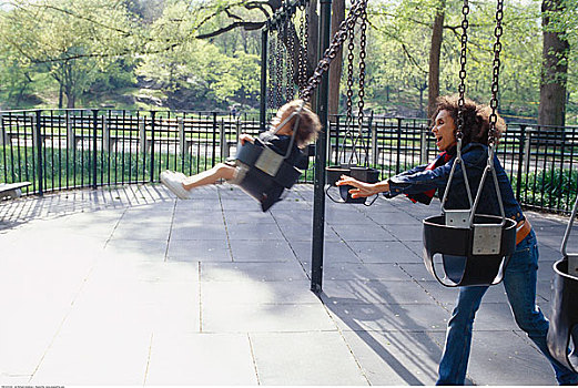 女人,玩,儿子,操场,中央公园,纽约,美国