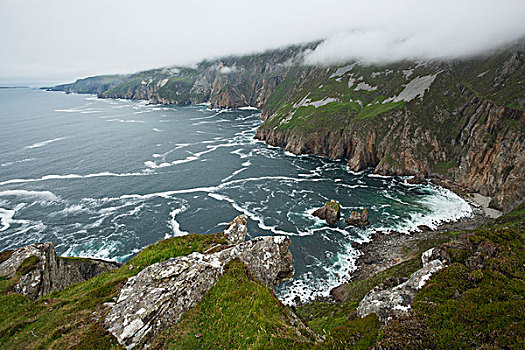 崎岖,悬崖,低云,海岸,多纳格,爱尔兰