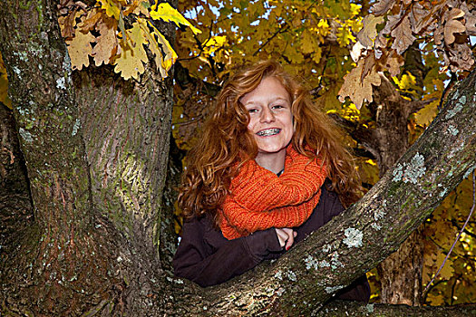 红发,女孩,坐,树,秋天,叶子