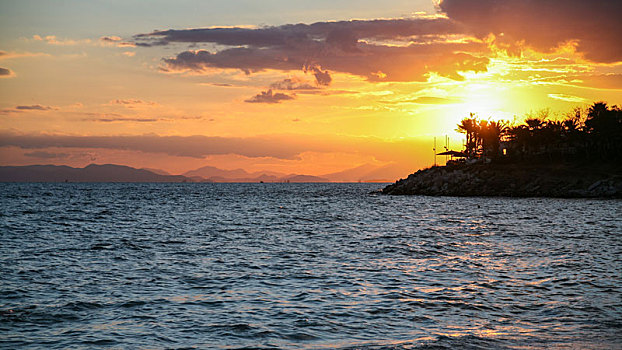 黄色,日落,萨罗尼克湾,海湾,爱琴海