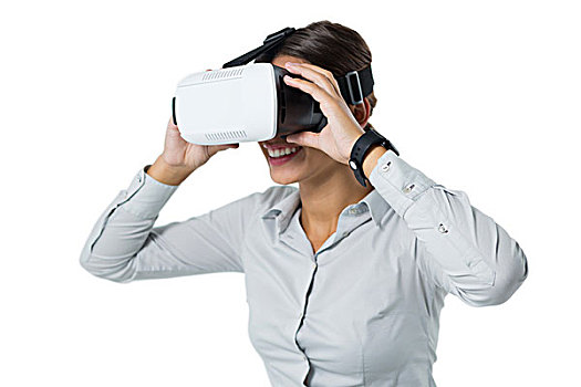 女主管,虚拟现实,耳机,白色背景