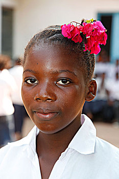 女生,制服,花,头发,地区,省,刚果布拉柴维尔,非洲
