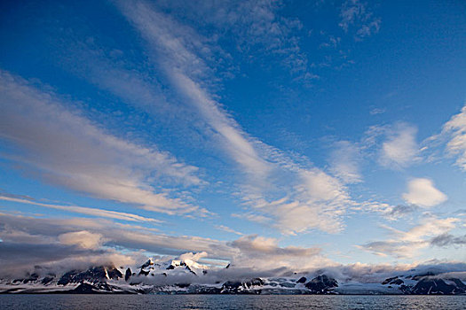挪威,斯瓦尔巴特群岛,斯匹次卑尔根岛,夕阳,云,高处,山,岛屿