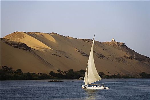 三桅帆船,帆,尼罗河,阿斯旺,埃及,沙漠,伸展,后面