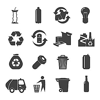 再循环,材质,象征,黑白,玻璃,塑料制品,金属,食物,垃圾,隔绝,矢量,插画