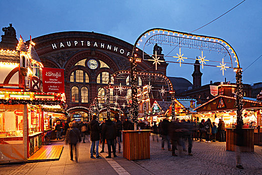 圣诞市场,站前广场,中央车站,不莱梅,德国,欧洲