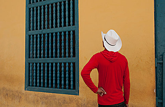 古巴,特立尼达,牛仔,帽子,黄色,墙,老,市区,建筑