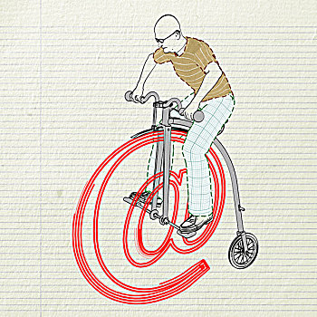 老人,骑,便士,自行车,上网,插画
