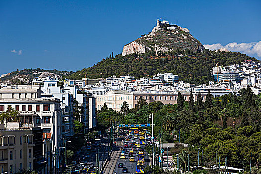 中心,希腊,雅典,俯视图,道路,山
