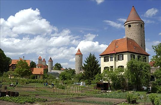 菜园,防护,塔,城墙,丁克尔斯比尔,中间,弗兰克尼亚,巴伐利亚,德国,欧洲