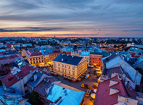 市场,广场,黄昏,俯视图,老城,卢布林,波兰,欧洲
