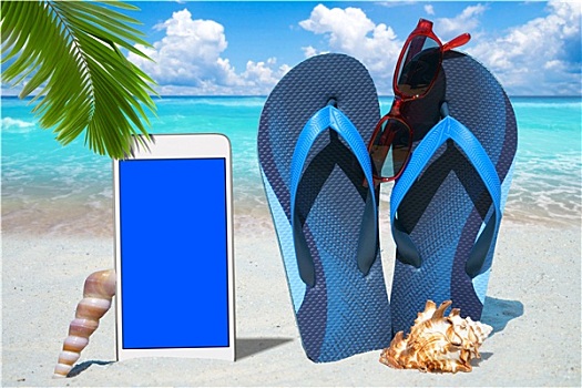 智能手机,人字拖鞋,海岸