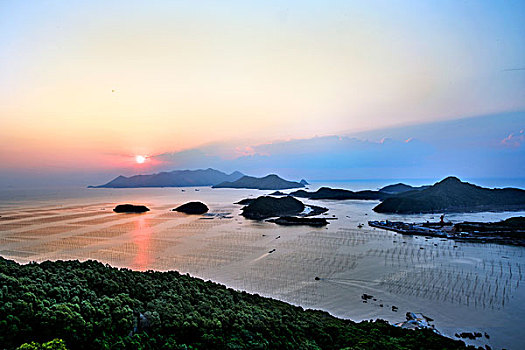 福建霞浦,海,晚霞,岛屿,金色海面