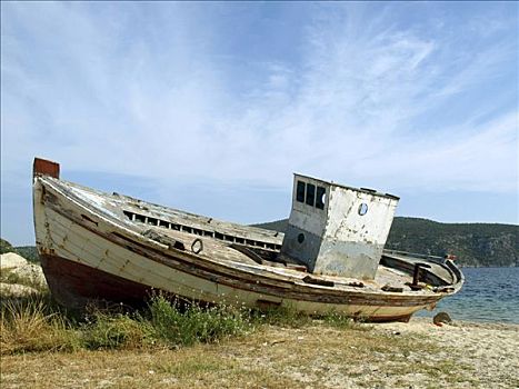 老,渔船,海滩,半岛,海其迪奇,波尔图,希腊