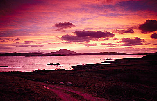 看,湾,日落,山,多纳格,爱尔兰