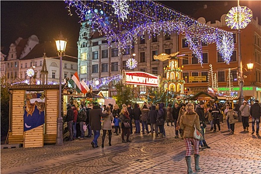 旅游,游览,圣诞市场,老,市场,广场,正面,市政厅,十二月,弗罗茨瓦夫,波兰